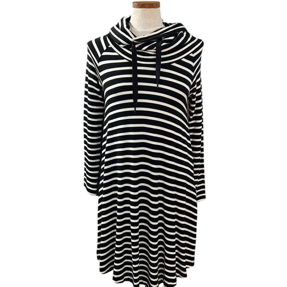 New LOFT Lou & Grey Striped Cowl Neck Dress XS Black White Jersey Soft Travel